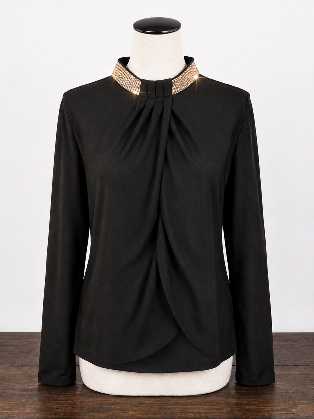 NWT Cache XL Black Rhinestone Mock Neck Blouse Discontinued Brand - Picture 3 of 11